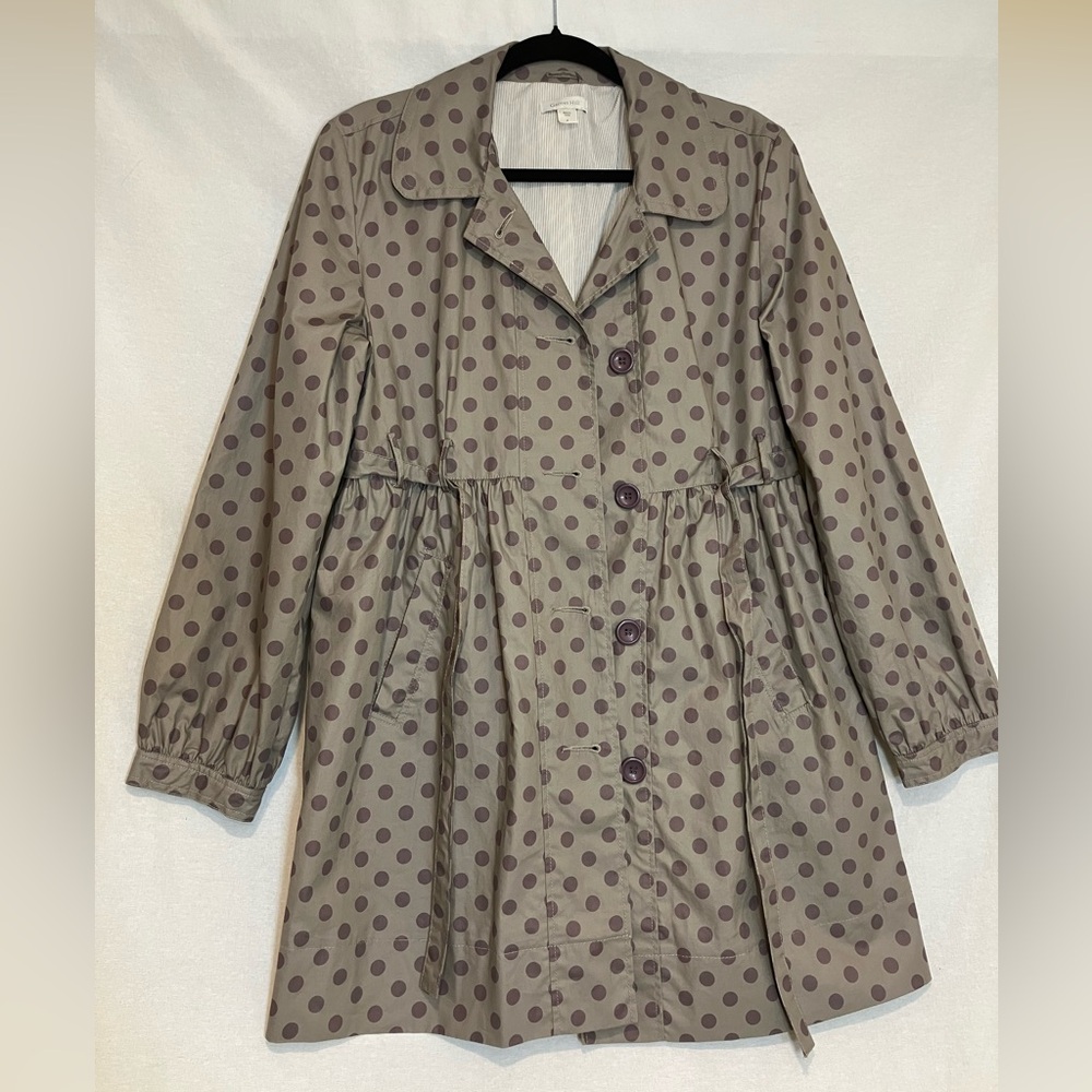 Garnet Hill Belted Rain Coat Polka Dots Lined Women Size 4 Midi Trench Coat